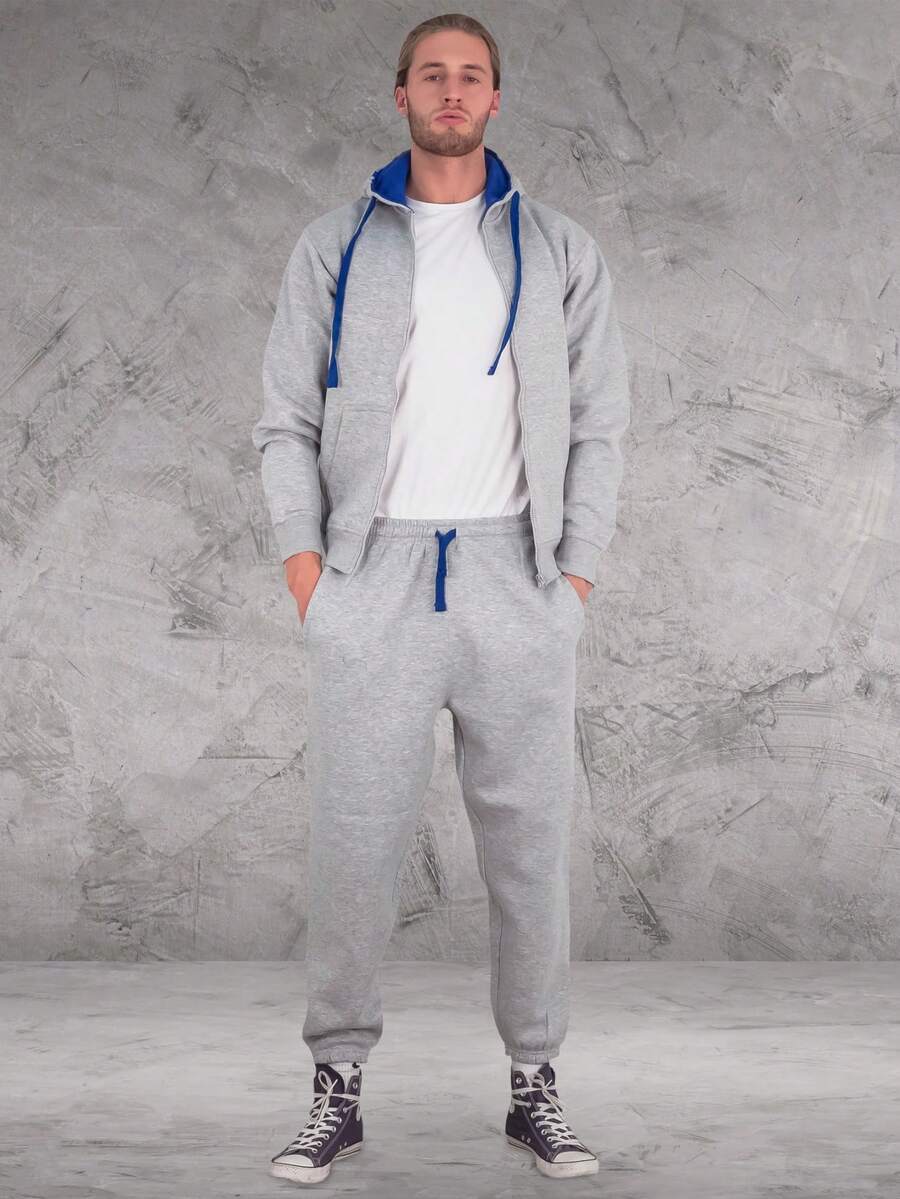 LoveMyFashions Men's 2pcs Set Tracksuit Full Sleeve Solid Color Drawstring Waist Zip Up Hoodie & Sweatpants Two Pieces Set With Pockets - Grey/Blue - View 1