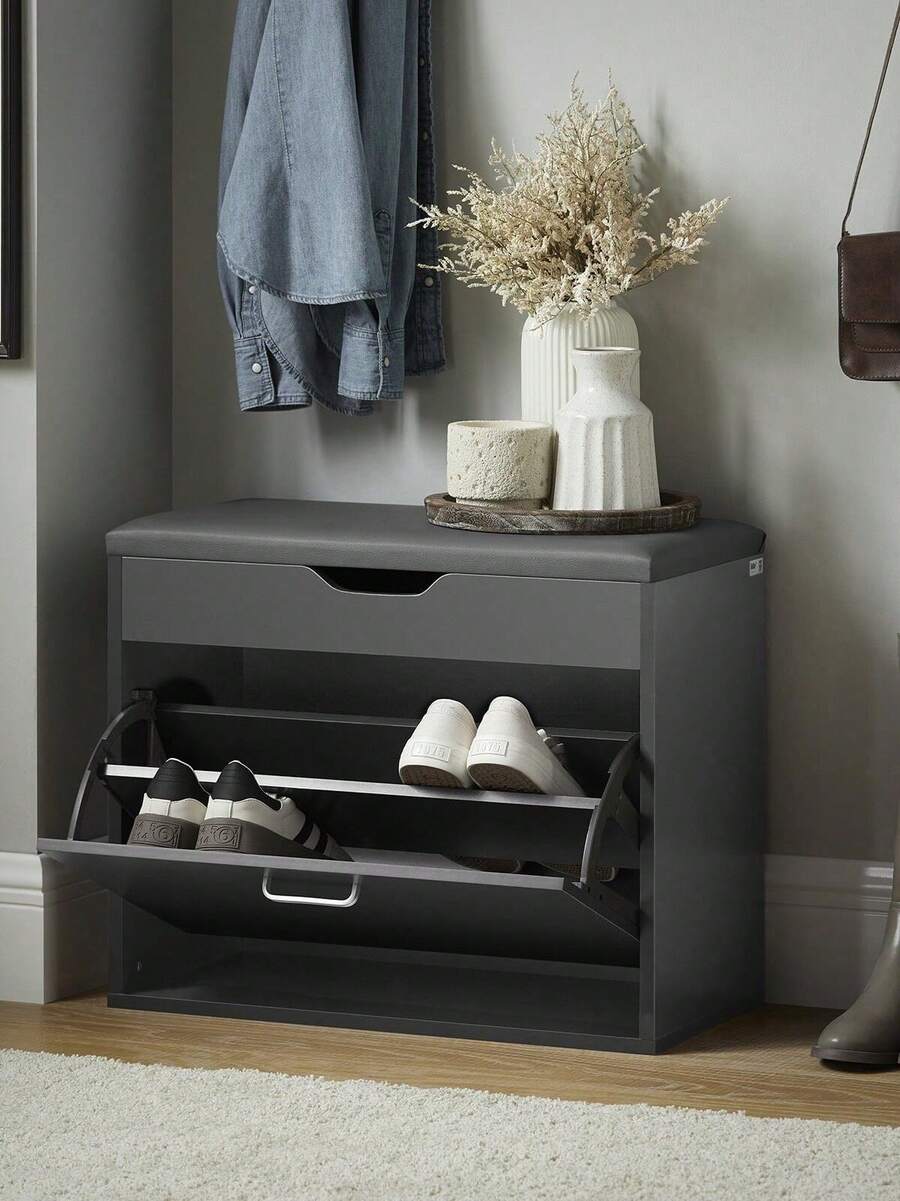 SoBuy FSR95-SCH, Skoställ i korridoren Skobänk Skoskåp med fällbart vadderat säte & flip-låda, svart - Grå - Visa 1
