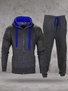 LoveMyFashions Men's 2pcs Set Tracksuit Full Sleeve Solid Color Drawstring Waist Zip Up Hoodie & Sweatpants Two Pieces Set With Pockets - Charcoal/Blue - View 4