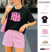 Set de Dos Piezas con Estilo Empowerment Femenino y Camiseta Oversize Estampada 'Girl Power' con Mariposas – Confort y Actitud para Mujeres que Inspiran  Floral  Letras  A rayas    Casual    Ninguno    Casa - Negro - Ver 1