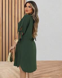 3/4 Sleeve Loose Shirt Dress With Button And Adjustable Sleeve Elegant Fashion - 軍綠色 - 查看 2