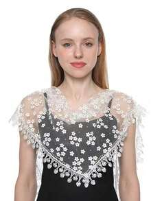 1pc Women Floral Lace Shawl With Hollow-Out Flower Pattern Decor, Breathable Fringed Triangle Scarf For Outdoor And Daily Use, Summer - Multicolor - View 31