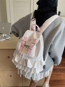 Korean Ins Niche Polka Dot & Striped Backpack, New Versatile Large Capacity Student School Casual Travel Bag , Polka Dot - White - View 4