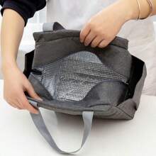 1pc Large Capacity Portable Insulated Lunch Bag, Waterproof Aluminum Foil Tote Bag, Polyester Material, Rectangular Design, Suitable For Travel And Commuting - Black,Back To School