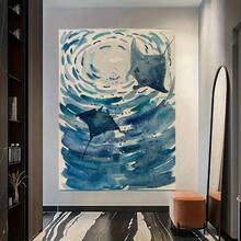 1pc, Abstract Watercolor Manta Ray Ocean Wall Art Canvas Print, Modern Marine Life Decor For Living Room, Tranquil Coastal Theme Underwater Artwork, Blue Aquatic Animal Home Decoration - 彩色 - 查看 3