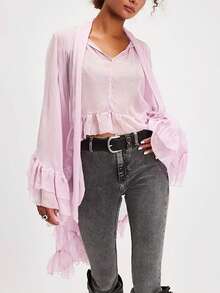 Women's Ruffled Tops Bow Tie Design Long Sleeve Peplum Lace Trim Chiffon Shirt Sheer V Neck Boho Ruffle Beach Blouse - 淺粉色 - 查看 2