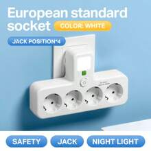 Enchufe de alimentación de la UE con 4 tomas de CA, interruptor de luz nocturna independiente, compatible con 110V/250V, adecuado para la vida diaria, el hogar, la oficina, los viajes y diversos otros escenarios.