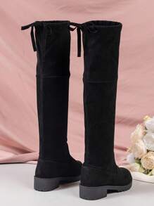 1 Pair Girls' Over-The-Knee Boots, Solid Color, Suede Material, Lace-Up Heel, Round Toe, Low Chunky Heel, Fashion Versatile, Elastic Boots, Suitable For Daily Wear