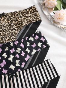 3pcs/Set Solid Color Lace Patchwork Mesh Butterfly Stripe Leopard Print Comfortable Breathable Sexy Women's Underwear Set