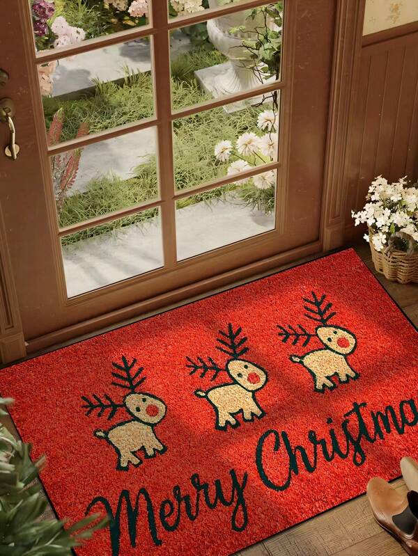 1pc Interesting Christmas Reindeer Pattern Welcome Doormat, Minimalist Style Yard Mat, Non-Slip Washable Entrance Rug For Kitchen, Bathroom, Dining Room, Hallway, Suitable For Party, Gathering, New Year, All Seasons, Yard Decor, Home Decor, Room Decor, Party Supplies, Holiday Supplies Christmas Decorations  Christmas Decor  Wall Decor