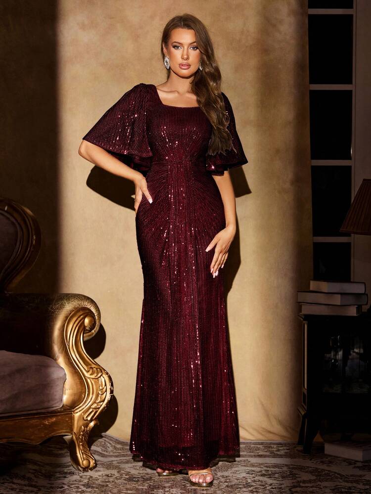 UNITHORSE Square Neck Ruffle Sleeve Pleated Waist Long Sequin Evening Dress, Elegant Formal Dress, For Wedding Guest, Graduation Dress, Dinner Party Dress, Birthday Women Outfits Vacation - Burgundy - View 3