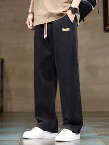 加大码男士抽绳松紧腰弹力牛仔裤，宽松直筒牛仔裤，休闲百搭舒适，四季皆宜 - 黑色 - 查看 2