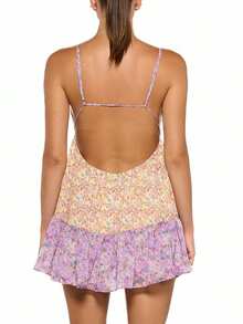 Women's Floral/Dot Print Sleeveless Halter Deep V Tie Mini Dress Ruched Backless Slim Fit Cami Dresses Knot Boho Dress - 黃色 - 查看 5