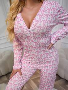 Mono de una pieza con estampado de mono de dibujos animados para mujer, mono de pijama sexy con acanalado, ropa de dormir de una pieza, pijamas familiares de Navidad y vacaciones, otoño