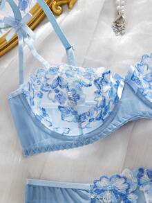 Style Dream 女士性感内衣，蓝色网纱，超薄，花卉拼接，刺绣，模压，甜美，两件套：文胸+丁字裤，清爽浅蓝色 - 藍色 - 查看 4