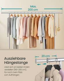 SONGMICS Kleiderständer auf Rollen, Garderobenständer, hochbelastbar, ausziehbare Kleiderstange, bis 110 kg belastbar, 45 x (160-200) x 162,9 cm, aus Metall, verchromt, silbern - Silber - Übersicht 3