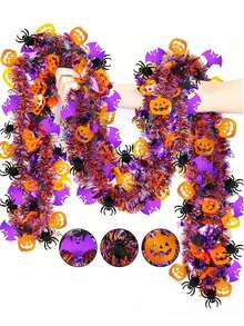 200cm Halloween Tinsel Garland With Orange Pumpkins, Black Spiders & Purple Bats - Shiny Metallic Twist Garland For Indoor/Outdoor Party Decorations, Home & Tree Decoration, Halloween Decorations