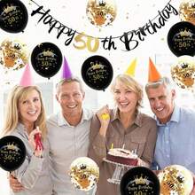 2件装黑色和金色16/18/21/30/40/50/60/70/80岁生日旗帜挂饰，周年纪念庆祝横幅，快乐派对用品 - 彩色 - 查看 4