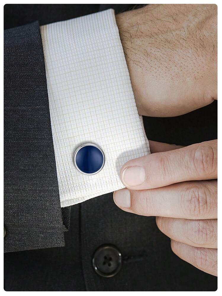 1 Pair Basic Blue Oil Drop Round Cufflinks, Formal Suit Accessory, Daily Business Fashion Cufflink Set - Navy Blue - View 3