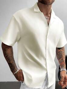 GloMan 复古风男士亚麻短袖衬衫，宽松休闲舒适沙滩衬衫，适合夏季度假，父亲节礼物，白色衬衫 - 杏色 - 查看 3