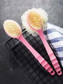 1 粉色/蓝色长柄沐浴刷，具有双面擦洗和按摩功能，多用途擦洗刷，用于背部去角质和淋浴清洁，家庭浴室装饰