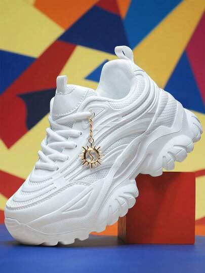 Sporty Front Chunky Sneakers For Women,Colorblock Round Toe Leather Lace-Up Shoes Women Lightweight Breathable Sneakers Women Shoes Anti-Slip Wear-Resistant Outdoor Sports Tennis Shoes Platform Shoes For Women,Comfortable Casual Women Shoes