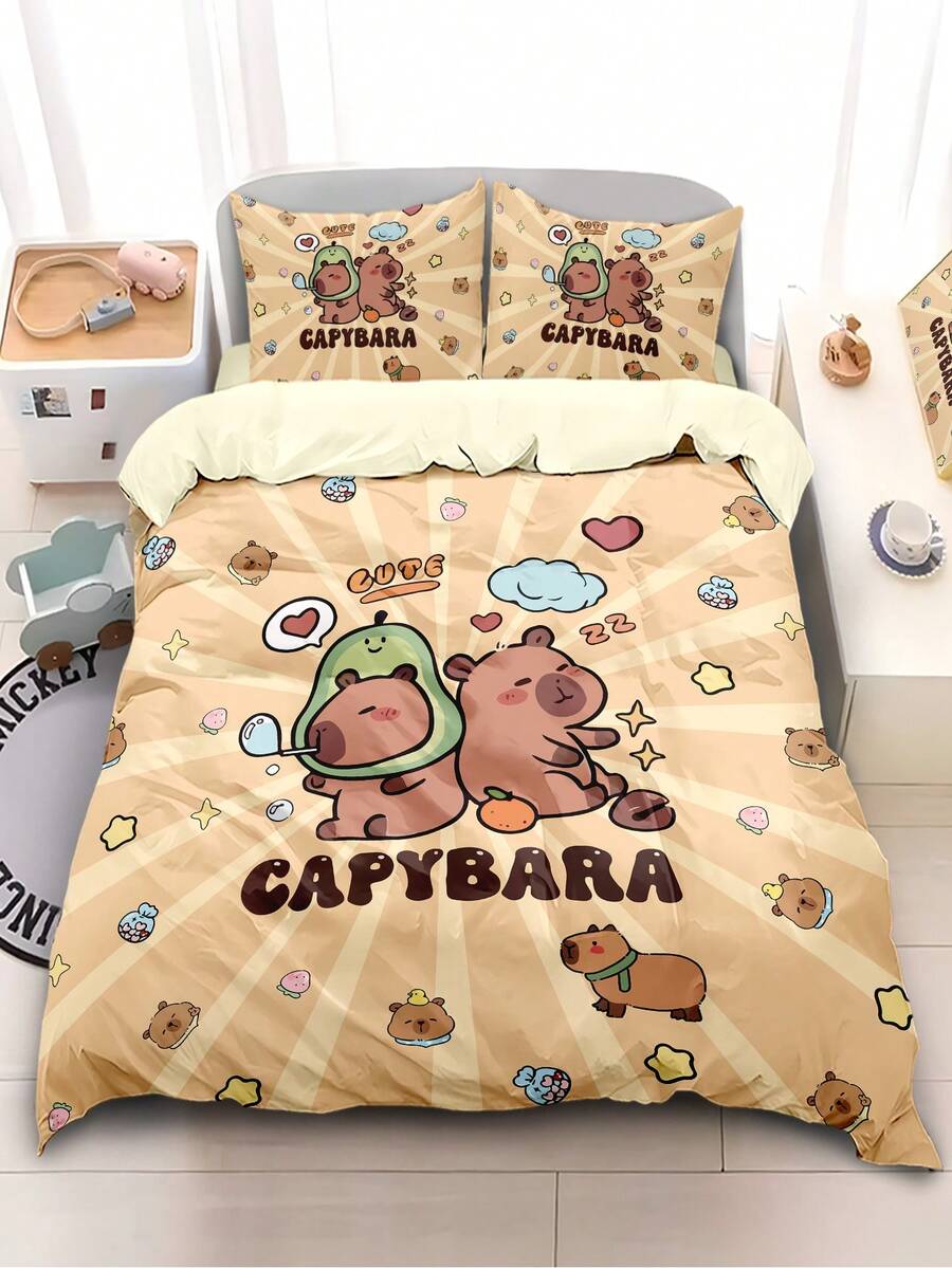 Conjunto de capa de edredom estampada "Capivara dormindo" para 1/2 pessoa, sem enchimento, adequado para adolescentes, quarto masculino, macio e confortável, presente perfeito para fãs de capivara de desenho animado - conjunto de 4 peças (inclui 1 capa de edredom + 2 fronhas + 1 lençol, sem edredom ou travesseiros)