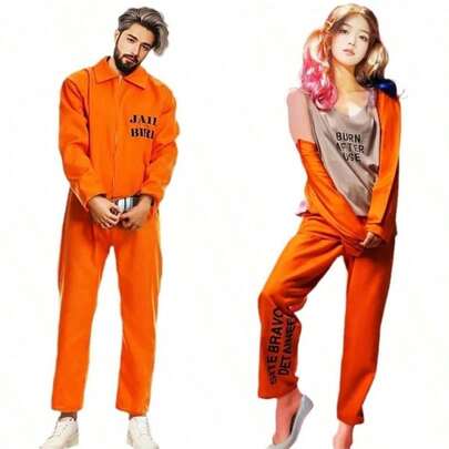 1pc Adult Men's Orange Prisoner Costume, New Crossborder European And American Male Convict Outfit ,Halloween Costume