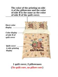 Conjunto de capa de edredom estampada "Capivara dormindo" para 1/2 pessoa, sem enchimento, adequado para adolescentes, quarto masculino, macio e confortável, presente perfeito para fãs de capivara de desenho animado - conjunto de 4 peças (inclui 1 capa de edredom + 2 fronhas + 1 lençol, sem edredom ou travesseiros)