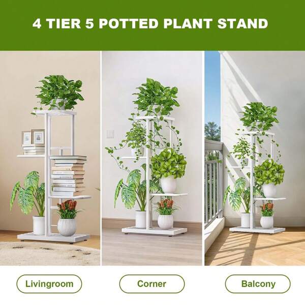 Supporto per piante da interno, supporto per piante in metallo a 4 ripiani e 5 vasi per più piante, supporto per fiori angolare, mensola espositiva per fioriere per patio, giardino, balcone, soggiorno, camera da letto, bianco
