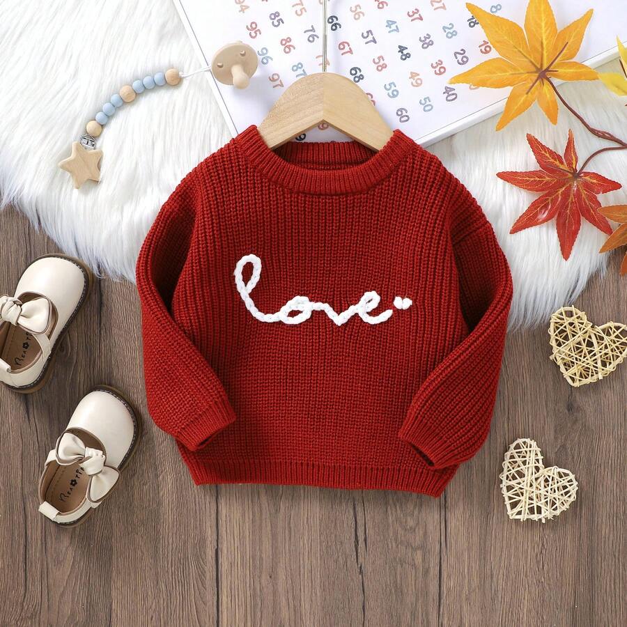 Baby Girl Delicate Sweater, Creative Handmade "LOVE" Letter Embroidery, Round Neck Long Sleeve, Casual Minimalist, Sweet & Fashionable, Comfortable For Baby, New Style - Red - View 1