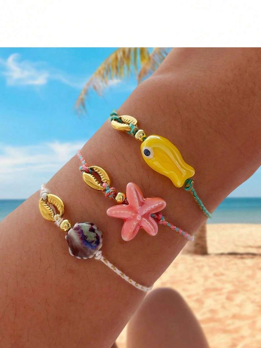 1 Piece Of Ocean Element Summer Small Fish Bead Pearl Crystal Natural Shell Bracelet, Beach Degree Starfish Crab Claw Pendant Bohemian Woven Bracelet - Multicolor - View 1