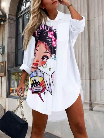 女式肖像和字母印花长袖单排扣休闲口袋衬衫