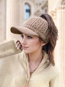 Autumn/Winter Warm Knitted Plush Hat, Oversized Plush Baseball Cap With Ponytail Hole, Suitable For Outdoor Sports Enthusiasts, Brimless Cap, Girls Version
