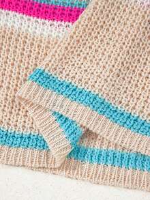 Acelitt Women's Khaki Striped V-Neck Knit Sweater Vest, Autumn/Spring - Khaki - View 8