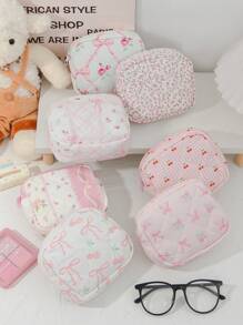1 Pc Mini Floral Print Coin Purse Cute Cherry Pattern Makeup Pouch Portable Lipstick Storage Bag Soft Fabric Sanitary Pad Storage Bag Girly Wallet Purse Foam Quilted Make Up Bag Small Items Organizer Bag Charger Organizer Bag Headphone Organizer Bag Pink Bow Knot Travel Cosmetics Bag Mini Bag Coin Purse Napkin Pouch For Girl Purse Essentials Perfect Gift For Back To School Birthday Gifts Gifts Dorm Supplies School Supplies
