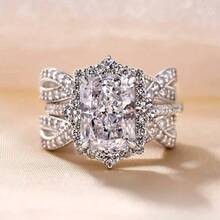 Two-Piece Engagement And Proposal Rings, A New Shiny Square Princess Ring Set With Synthetic Zirconia As A Valentine's Day And Christmas Gift - silvery - View 6