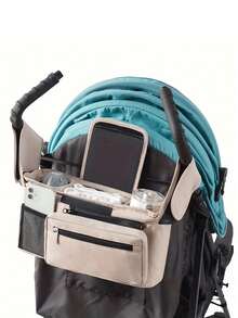 1pc Black Baby Stroller Hanging Storage Bag, Multi-Functional Diaper Caddy With Cup Holder, Detachable Phone Pouch And Shoulder Strap, Portable Design