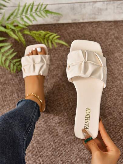 Women's Fashion Bohemian Style Square Toe Pleated Slippers Flat Casual Shoes, Beach & Outdoor Slippers [Run Half Size Larger]