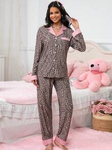 3pcs Set, Leopard Print, Versatile Styling Top & Shorts & Pants, Comfortable & Easy To Wear, Spring/Autumn, Fall Clothes - Camel - View 4