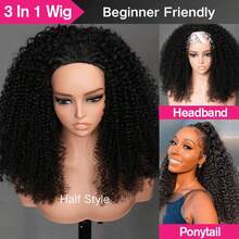18Inch Half Wigs Human Hair Afro Kinky Curly Headband Wig Upgrade 3 IN 1 Half Wig With Drawstring Seamless Clip Ins Flip Over Wig - Natural Black - 查看 5