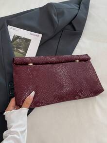 1个时尚纯色手提包，PU材质，大容量翻盖磁扣方形包，鳄鱼纹女士钱包，多功能派对晚宴包，适合女性旅行和购物 - 紅色 - 查看 8