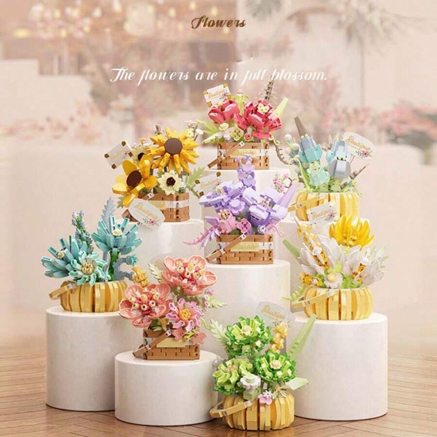 1 Flower Building Blocks Bouquet, Succulent Potted Plant Assembly Adult Building Blocks Toy, Suitable For Desktop Decor, Birthday Gift, Holiday Gift, Stress Relief Toy, 517+ Pieces (Multiple Styles And Sizes Of Flower Bouquet And Succulent Planter Blocks)