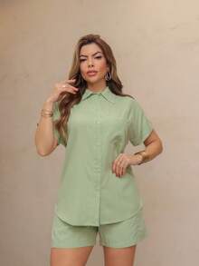 WOMEN'S SET SHORT SLEEVE SHIRT AND SHORTS SP034 - Green - View 3