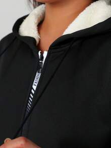 女式连帽长袖时尚拉链羊毛休闲上衣，适合日常穿着。冬季 - 黑色 - 查看 5