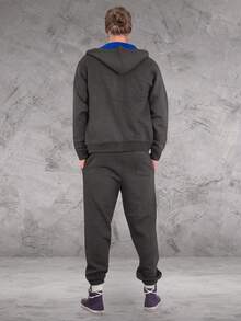 LoveMyFashions Men's 2pcs Set Tracksuit Full Sleeve Solid Color Drawstring Waist Zip Up Hoodie & Sweatpants Two Pieces Set With Pockets - Charcoal/Blue - View 5