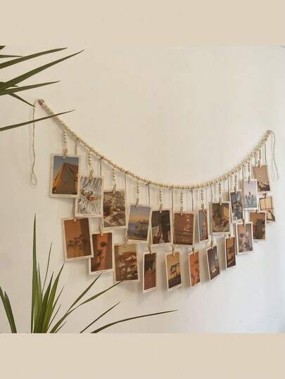 Hanging Photo Display Stand With Clips, 30 Wooden Clips, Wall Mounted Photo Display Stand With Wooden Bead Garland, Bohemian Style Collage Photo Frame Set, Wall Decoration, Suitable For Dormitory, Classroom, Bedroom Decoration, Birthday Gift, Graduation Gift.