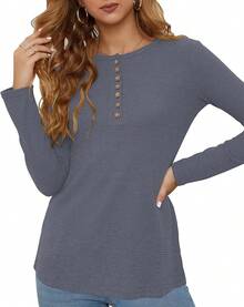 Women's Waffle Knit Casual Long Sleeve Blouses Button Down Henley Shirt 2025 Fashion - Dark Grey - View 2