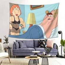 Family Guy Themed Tapestry - Vibrant Peach Skin Velvet Wall Hanging With Animated Characters, Perfect For Bedroom, Living Room, Or Dorm Decor, Indoor Art Gift, Polyester, Horizontal, Bedroom Decoration| Character Depiction| Texture - 白色 - 查看 2