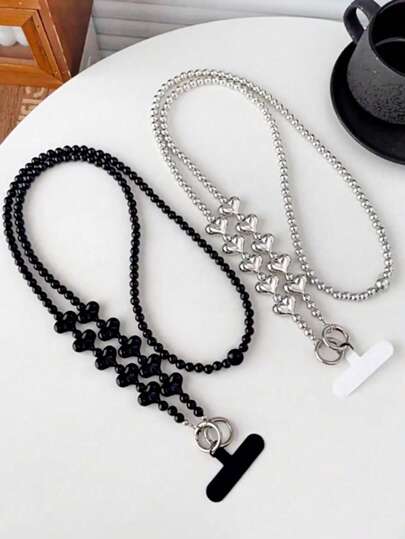 1pc Minimalist Style Handmade Beaded Crossbody Phone Lanyard Chain, Heart Shaped Bag Strap, Detachable Hanging Rope, High-End Black/Silver Accessory (Length Approx. 120CM)